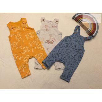   Matalan, Disney 0-3 hó 56-62 cm  bézs-sárga- kék állat mintás pamut fiú kantáros nadrág szett 3 db- újszerű,hibátlan
