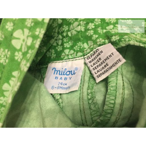 Milou baby 6-9 hó 74 cm zöld, fehér virágmintás farmer lány kantáros rövidnadrág- újszerű,hibátlan