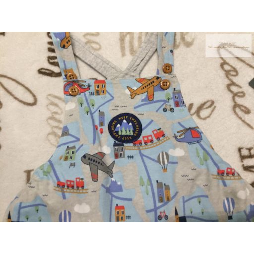 Mini Cuddles 12-18 hó 80-86 cm világoskék, repülő-helikopter-város mintás pamut fiú kantáros rövidnadrág- újszerű,hibátlan