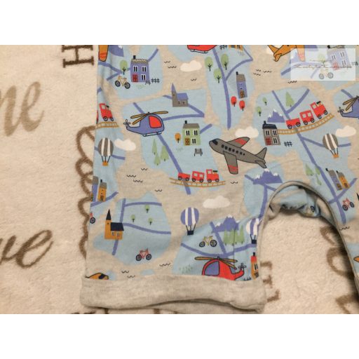Mini Cuddles 12-18 hó 80-86 cm világoskék, repülő-helikopter-város mintás pamut fiú kantáros rövidnadrág- újszerű,hibátlan