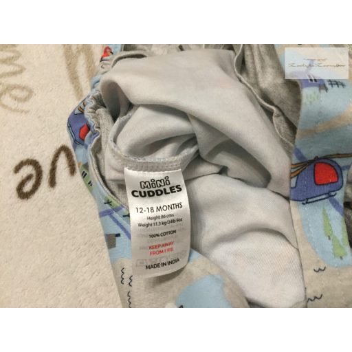 Mini Cuddles 12-18 hó 80-86 cm világoskék, repülő-helikopter-város mintás pamut fiú kantáros rövidnadrág- újszerű,hibátlan