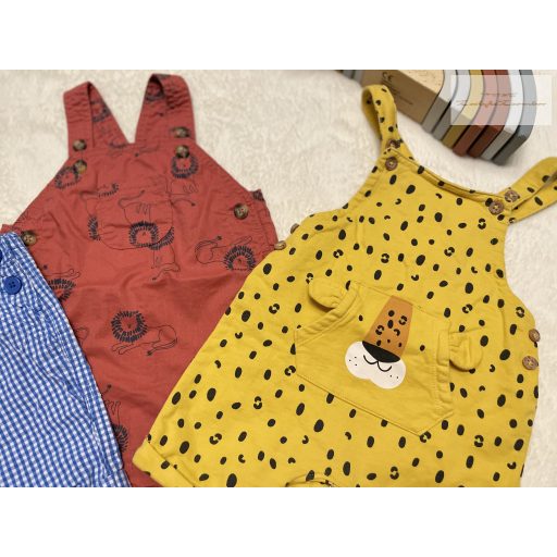 Carter's, Matalan 6 - 9 hó 68 - 74 cm kockás-tigris és oroszlán mintás fiú kantáros rövidnadrág szett 3 db- újszerű, hibátlan