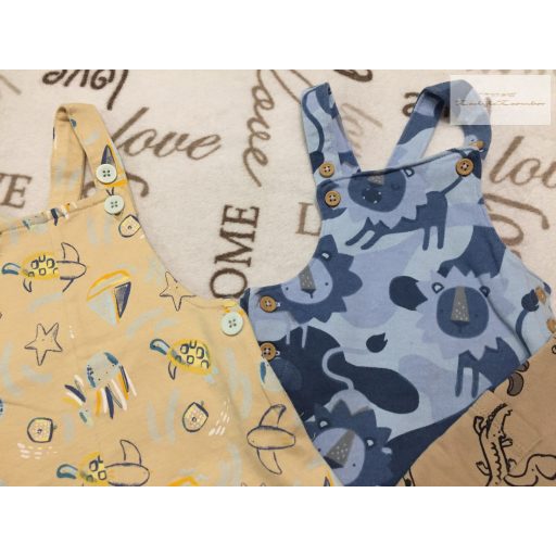 Next,Mothercare, H§M 3-6 hó  68 cm kék - bézs-barna állat mintás pamut fiú kantáros  rövidnadrág szett 3 db  -újszerű, hibátlan