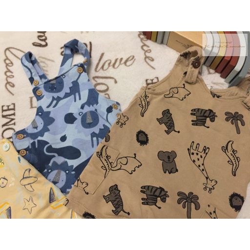 Next,Mothercare, H§M 3-6 hó  68 cm kék - bézs-barna állat mintás pamut fiú kantáros  rövidnadrág szett 3 db  -újszerű, hibátlan