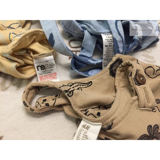 Next,Mothercare, H§M 3-6 hó  68 cm kék - bézs-barna állat mintás pamut fiú kantáros  rövidnadrág szett 3 db  -újszerű, hibátlan