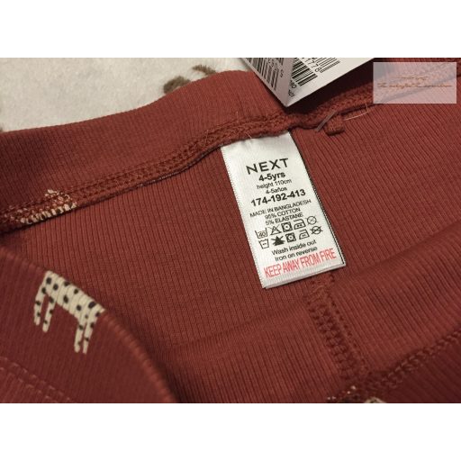 Next 4-5 év 110 cm  barna, dalmata kutya mintás pamut lány legging- új, címkés