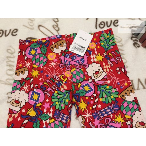 Next 7 év 122 cm piros, télapó - -karácsonyi mintás pamut lány legging - új,címkés