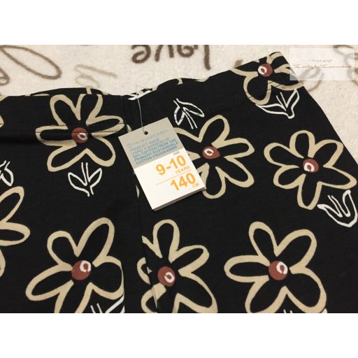 Primark 9-10 év 134-140 cm fekete, bézs virágmintás pamut lány rövid legging/ biciklis nadrág - új, címkés
