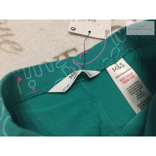 M§S 2 - 3 év 92-98 cm zöld, feliratos - flamingó mintás pamut lány rövid legging új, címkés