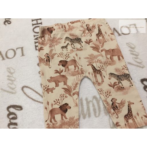TU 0 -3 hó 56-62 cm bézs-barna, zebra-oroszlán-zsiráf mintás vékony pamut fiú legging - újszerű,hibátlan