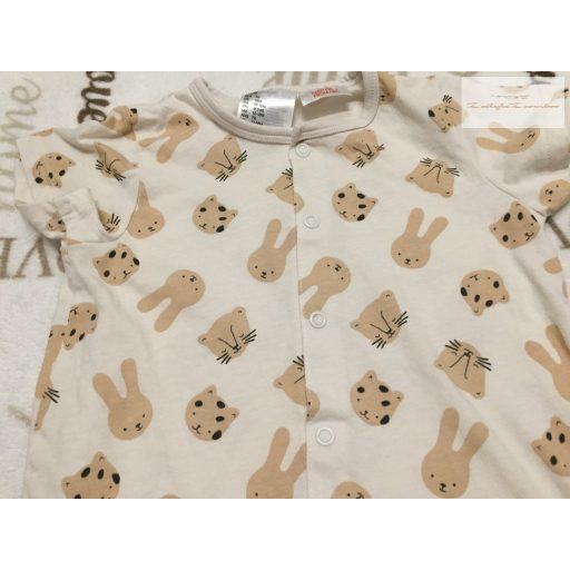 H§M 12 - 18 hó 86 cm bézs, világos barna nyuszi - tigris-cica  fej mintás vékony pamut napozó/ playsuit - újszerű,hibátlan