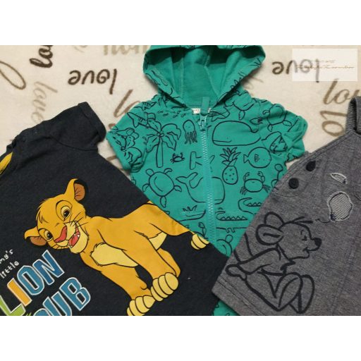 Disney, Next  0-3 hó 56-62 cm Simba- Micimackó-krokodil mintás pamut fiú  napozó/ kantáros tövidnadrág szett 3 db- újszerű,hibátlan