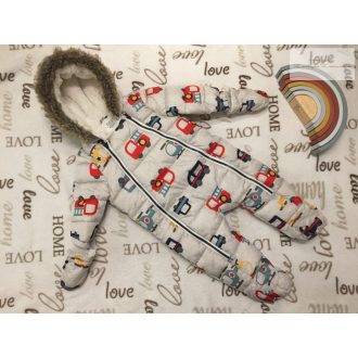 Fred§Flo 6-9 hó 68 - 74 cm szürke, színes jármű mintás  fiú téli overál/ overall újszerű,hibátlan   Fred§Flo 6-9 hó 68 - 74 cm szürke, színes jármű mintás  fiú téli overál/ overall újszerű,hibátlan