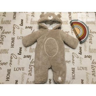   Fred§Flo 3-6 hó 68 cm bézs, maci mintás vastag pamut béléses szőrmés fiú téli overál/ overall- újszerű,hibátlan