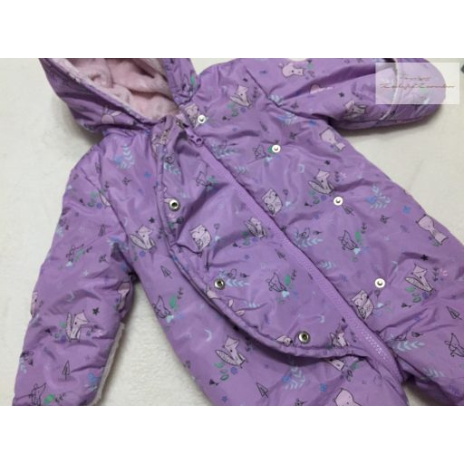 Mini Club 9-12 hó 74-80 cm lila, nyuszi - róka-kisegér mintás polár béléses lány téli overál/ overall- újszerű, hibátlan