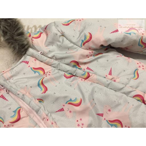 F§F 12  - 18 hó 80-86  cm szürke, rózsaszín unikornis mintás polár béléses lány téli overál/ overall - újszerű, hibátlan
