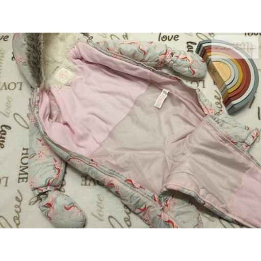 F§F 12  - 18 hó 80-86  cm szürke, rózsaszín unikornis mintás polár béléses lány téli overál/ overall - újszerű, hibátlan