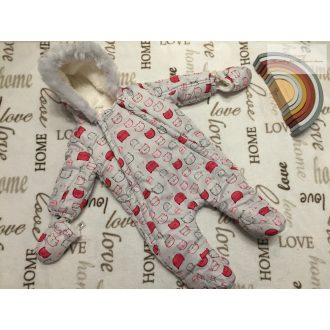   F§F 3-6 hó  68 cm 8 kg cica fej mintás polár béléses lány téli overál/ overall -újszerű,hibátlan