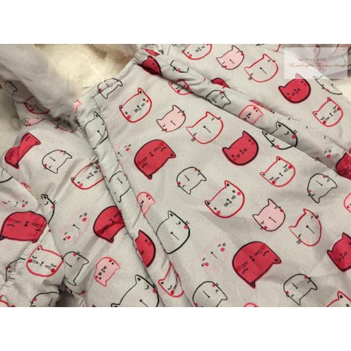 F§F 3-6 hó  68 cm 8 kg cica fej mintás polár béléses lány téli overál/ overall -újszerű,hibátlan