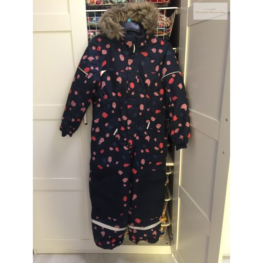 H§M 134-140 cm kék - színes mintás szőrmés kapucnis vastag téli lány overál - újszerű