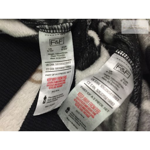 F§F 9-10 év 140 cm szürke-fekete-fehér puha polár fiú 2 részes pizsama- újszerű,hibátlan