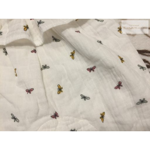 F§F 6-9 hó 74 cm 9 kg  fehér, színes pillangó mintás-fodros puha duplagéz lány playsuit - újszerű, hibátlan