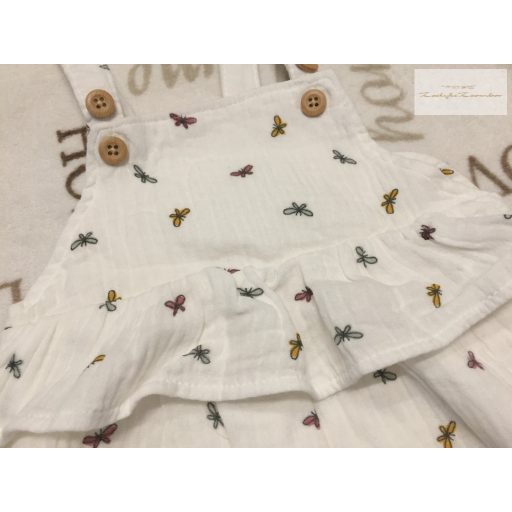 F§F 6-9 hó 74 cm 9 kg  fehér, színes pillangó mintás-fodros puha duplagéz lány playsuit - újszerű, hibátlan