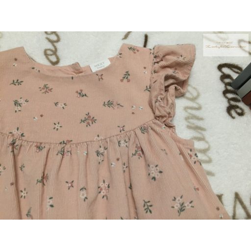 Next 9-12 hó 11 kg  rózsaszín, apró virágmintás - fodros puha mikrokord lány playsuit - újszerű,hibátlan