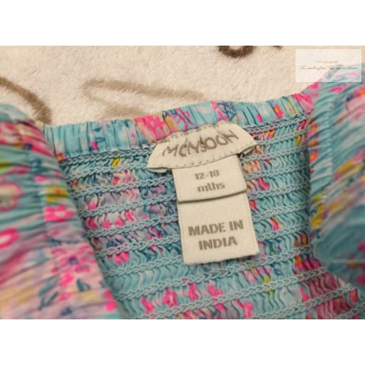 Monsoon 12-18 hó 80-86 cm világoskék-rózsaszín virágmintás nagyon vékony lány playsuit- újszerű,hibátlan