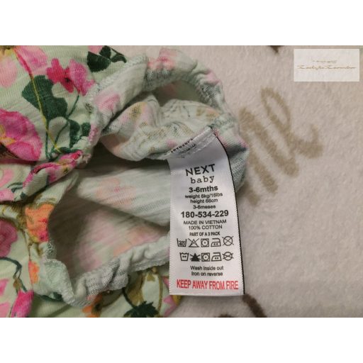 Next 3-6 hó  68 cm  halvány zöld, színes virágmintás pamut  lány playsuit / body-újszerű, hibátlan