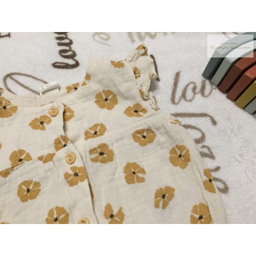 H§M 18-24 hó 92 cm bézs, mustársárga virágmintás puha duplagéz lány playsuit - újszerű, hibátlan