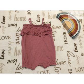  George 6 -9 hó 9,5 kg  tégla színű, fodros-madeirás pamut lány playsuit/ napozó- újszerű,hibátlan