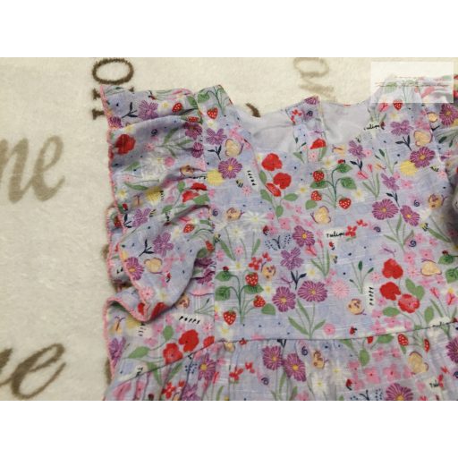 Nutmeg 9 - 12 hó 80 cm 10 kg színes virág-eper- pillangó mintás vékony lenvászon  lány playsuit újszerű,hibátlan