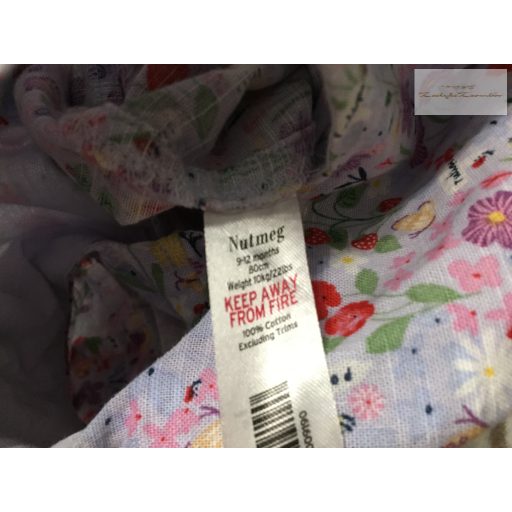Nutmeg 9 - 12 hó 80 cm 10 kg színes virág-eper- pillangó mintás vékony lenvászon  lány playsuit újszerű,hibátlan