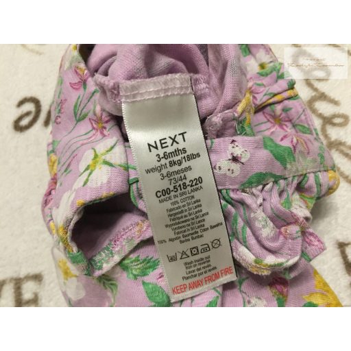 Next 3-6 hó  68 cm  halvány lila, pillangó és virágmintás pamut lány playsuit-újszerű, hibátlan