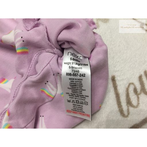 Next 6 -9 hó 9,5 kg lila, unikornis mintás pamut lány playsuit / napozó - újszerű,hibátlan