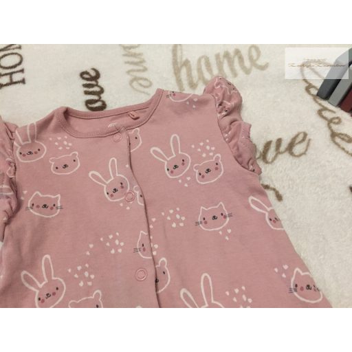 Next 9-12 hó 11 kg  rózsaszín, nyuszi - cica fej mintás -fodros pamut lány playsuit/ napozó- újszerű,hibátlan