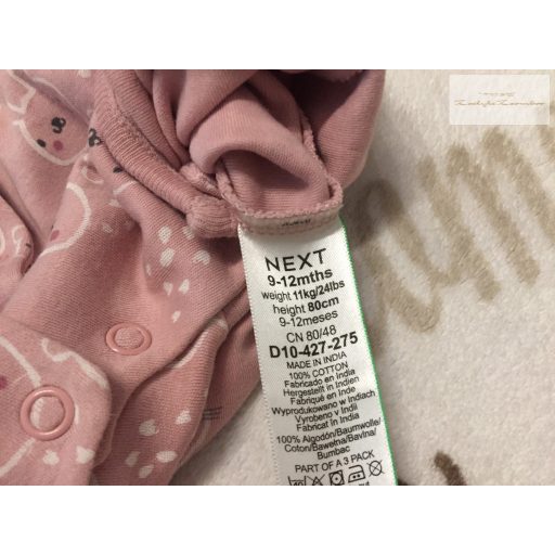 Next 9-12 hó 11 kg  rózsaszín, nyuszi - cica fej mintás -fodros pamut lány playsuit/ napozó- újszerű,hibátlan