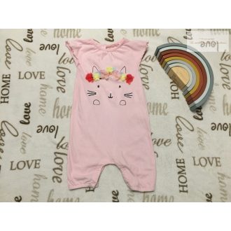   Lullaby 9-12 hó 74-80 cm rózsaszín, cica fej mintás vékony pamut lány playsuit - újszerű,hibátlan