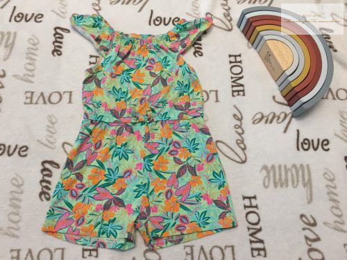 Primark 3-4 év 98-104 cm zöld, színes virágmintás vékony pamut lány rövid playsuit -újszerű,hibátlan