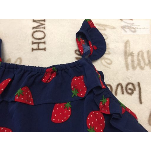 Next 7 év 122 cm sötétkék, fodros, eper mintás lehelet vékony  lány rövid playsuit újszerű,hibátlan