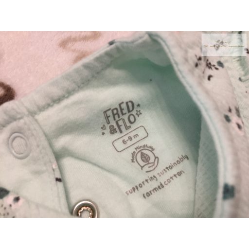 Fred§Flo 6-9 hó 68 - 74 cm halvány zöld, virágmintás-fodros pamut lány playsuit - újszerű,hibátlan