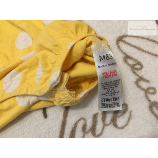 M§S 9-12 hó 74-80 cm sárga, nagy fehér pöttyös pamut lány playsuit - újszerű,hibátlan