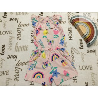   Tu 3-4 év 98-104 cm brózsaszín, méhecskevirág-szivárvány mintás pamut lány playsuit-- újszerű,hibátlan