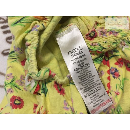Next 12-18 hó 80-86 cm sárga, színes virágmintás vékony pamut lány playsuit- újszerű, hibátlan