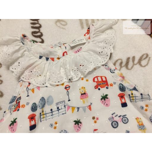 Next 6-9 hó 68 - 74 cm  eper-maci-busz mintás-galléros pamut lány playsuit-új, szettet bontottam