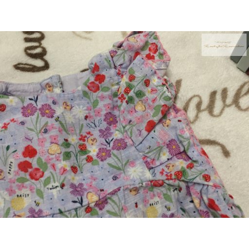 Nutmeg 3-6 hó 62-68  cm eper-virágmintás vékony puha lenvászon fodros lány playsuit újszerű,hibátlan