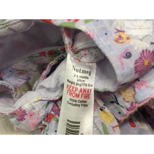Nutmeg 3-6 hó 62-68  cm eper-virágmintás vékony puha lenvászon fodros lány playsuit újszerű,hibátlan