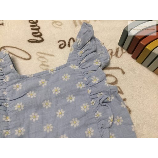 Fred§Flo 12 - 18  hó 86 cm világoskék, fodros - virágmintás puha duplagéz lány playsuit/ napozó-új, szettet bontottam