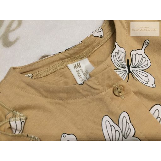 H§M 18-24 hó 92 cm világos barna fehér pillangó mintás vékony pamut lány playsuit új, átnőtt, csak lecímkézve